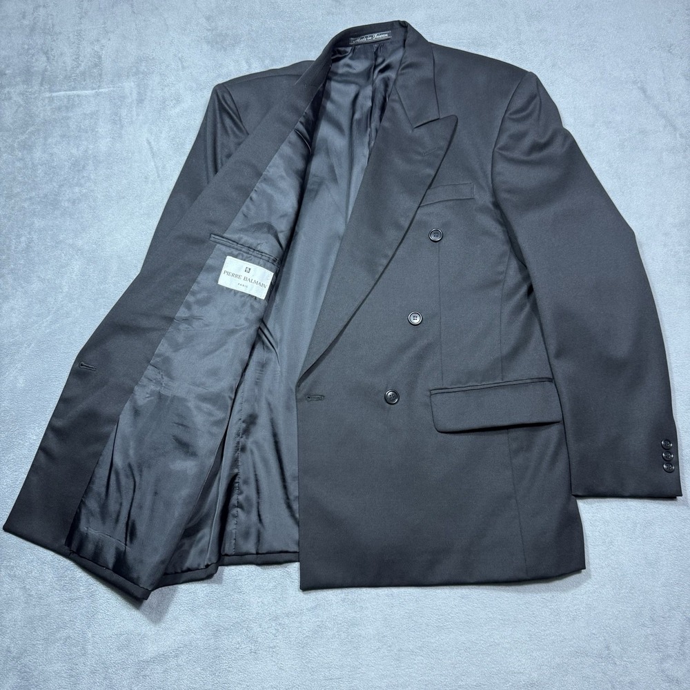 VINTAGE Pierre Balmain Blazer Mens 42R Black 100% Wool Double Breasted Dadcore